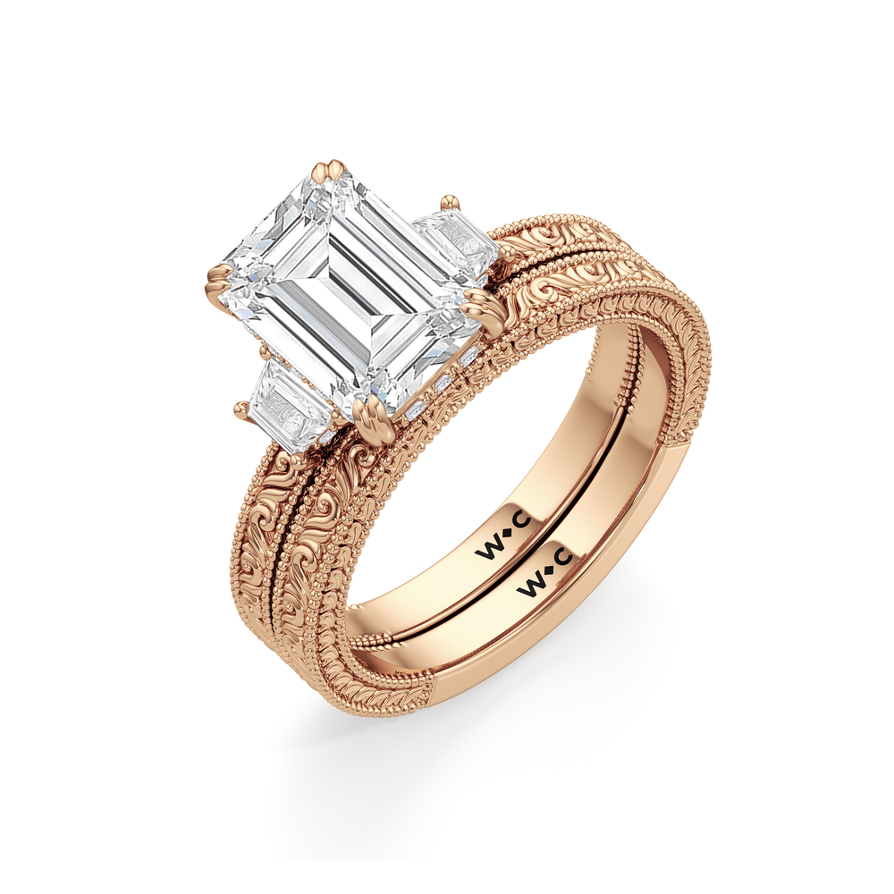 The Seraphine Trapezoid Three Stone Wedding Band with 18KT Rose Gold Cut Diamond in 14KT Rose Gold view 7
