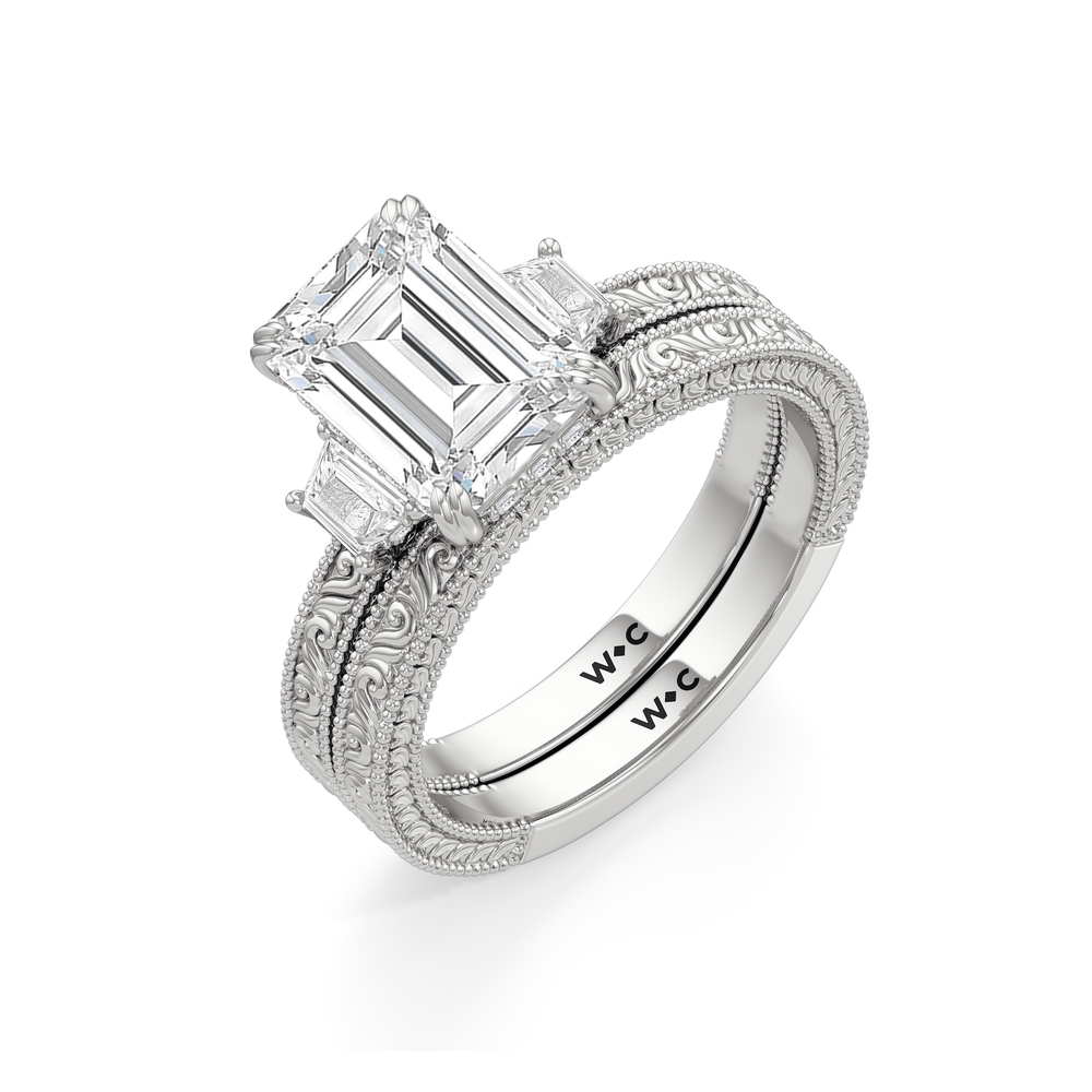 The Seraphine Trapezoid Three Stone Wedding Band with Platinum Cut Diamond in 14KT Platinum view 7
