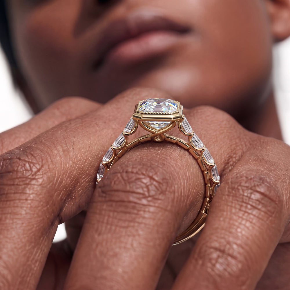 Emerald Cut The Ribbon Ring with Lab Grown Diamond in 14KT White & Yellow Gold view 3
