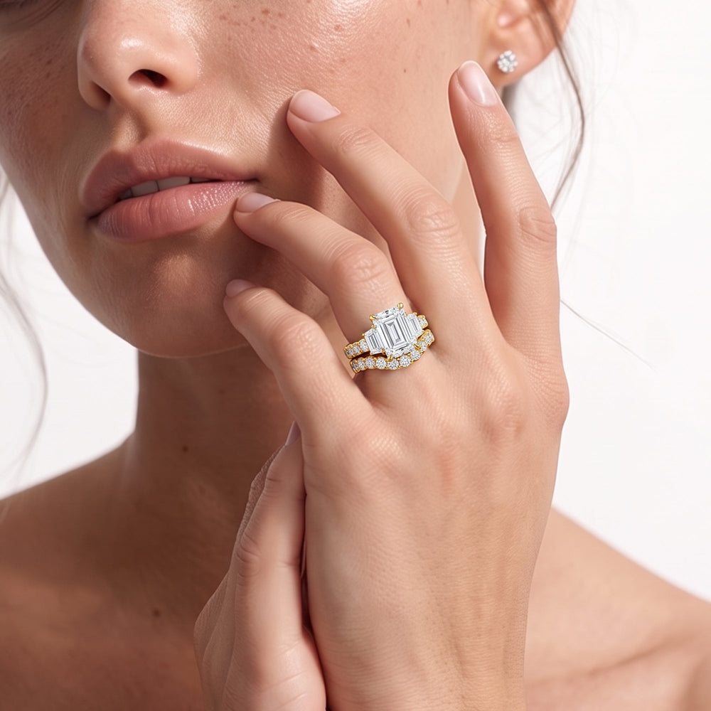 The Arc Three Stone Trapezoid Diamond Wedding Band with 18KT Rose Gold Cut Diamond in 14KT Rose Gold view 3
