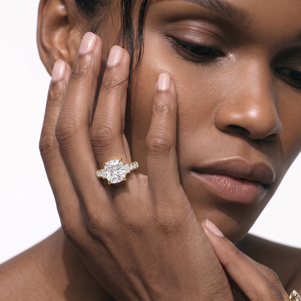 Emerald Cut The Arc Three Stone Trapezoid Ring with Lab Grown Diamond in 14KT Rose Gold view 3
