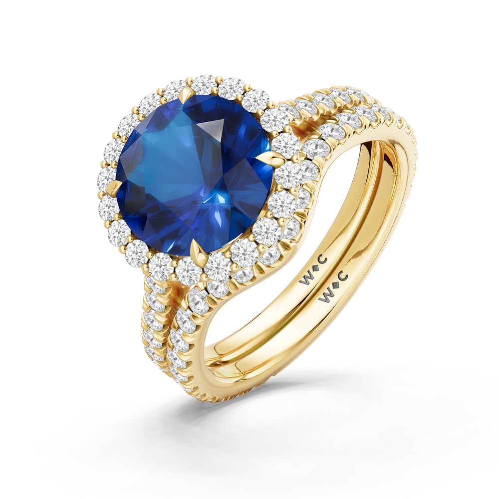 The Rosalune Diamond Wedding Band with Created Blue Sapphire Cut Diamond in 14KT Yellow Gold view 3
