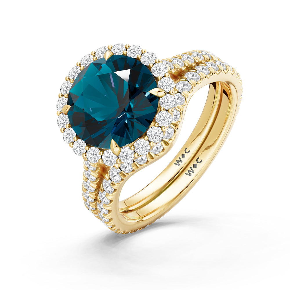 The Rosalune Diamond Wedding Band with Created London Blue Topaz Cut Diamond in 14KT Yellow Gold view 3
