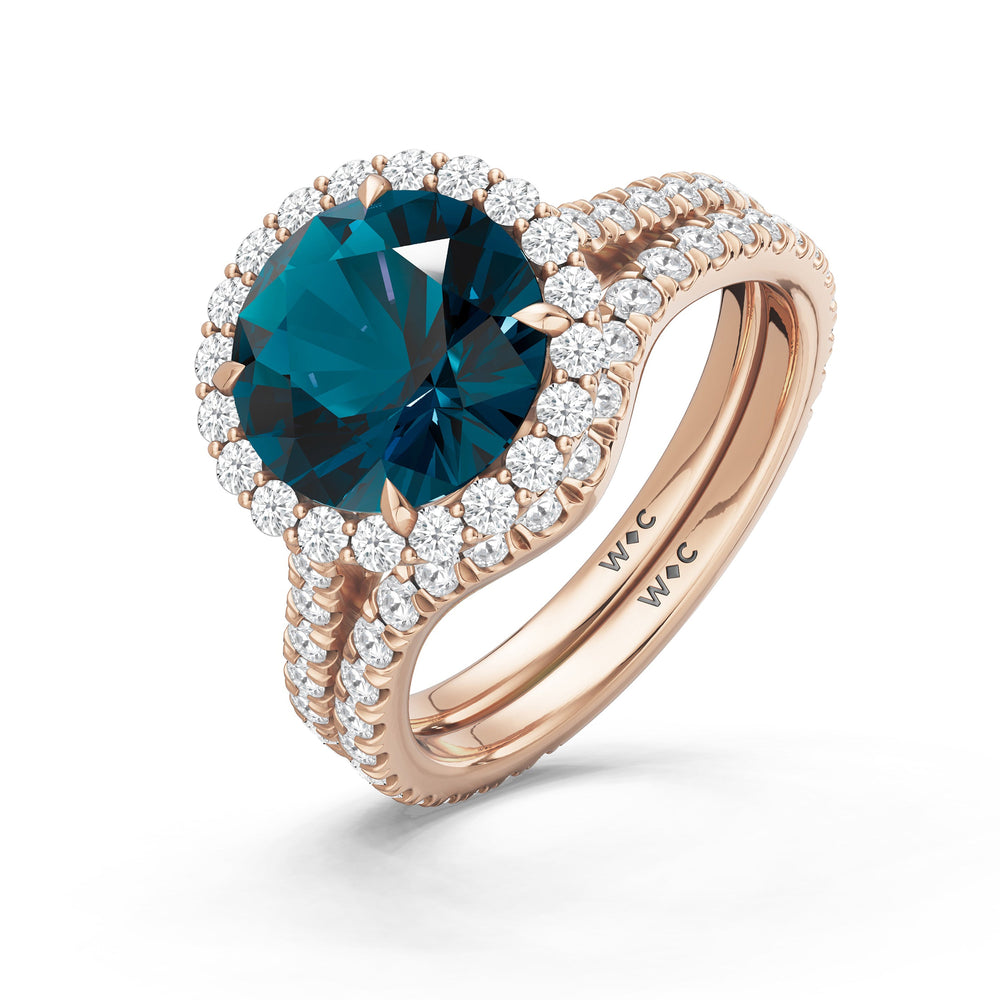 The Rosalune Diamond Wedding Band with Created London Blue Topaz Cut Diamond in 14KT Rose Gold view 3
