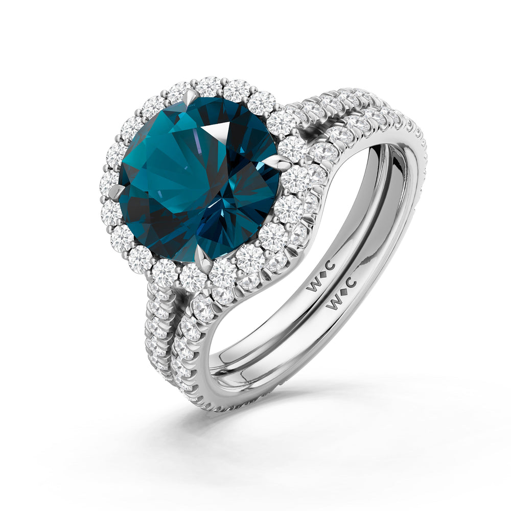 The Rosalune Diamond Wedding Band with Created London Blue Topaz Cut Diamond in 14KT Platinum view 3
