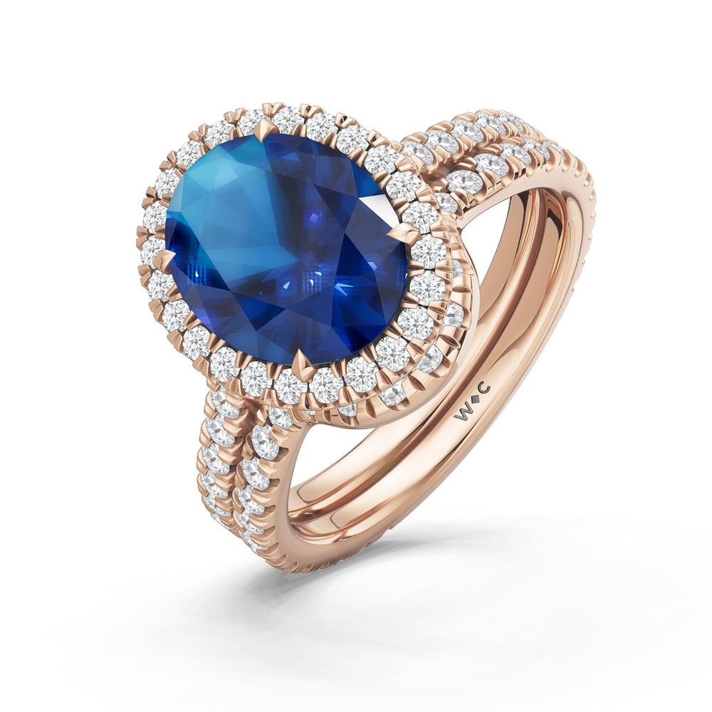 The Roselle Diamond Wedding Band with Created Blue Sapphire Cut Diamond in 14KT Rose Gold view 3
