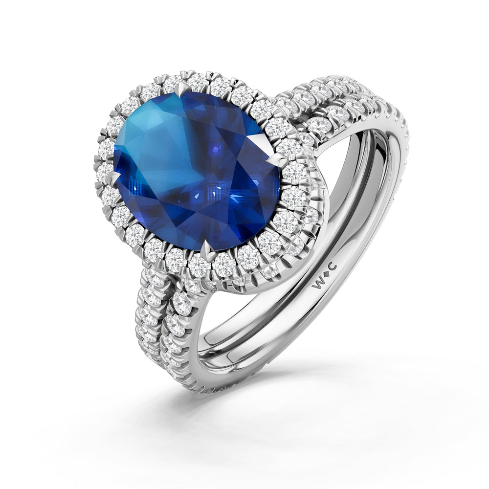 The Roselle Diamond Wedding Band with Created Blue Sapphire Cut Diamond in 14KT Platinum view 3
