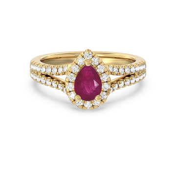 Pear Ruby and Lab Diamond Classic Halo Ring With Studded Split Shank