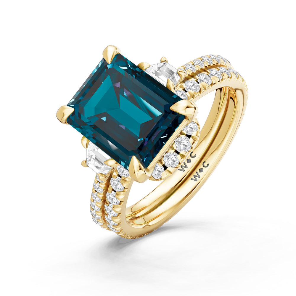 The Trilume Diamond Wedding Band with Created London Blue Topaz Cut Diamond in 14KT Yellow Gold view 3

