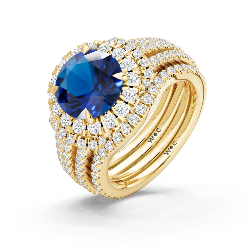 The Azurine Diamond Wedding Band with Created Blue Sapphire Cut Diamond in 14KT Yellow Gold view 3
