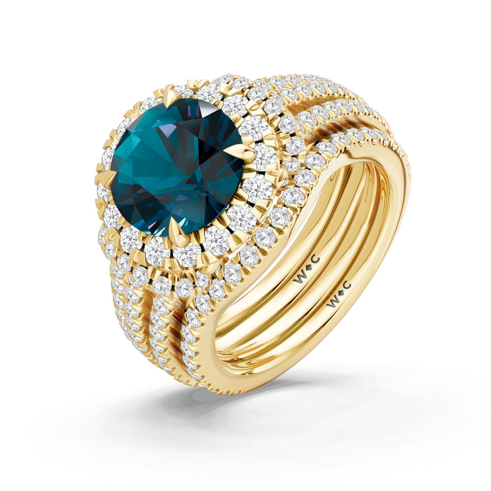 The Azurine Diamond Wedding Band with Created London Blue Topaz Cut Diamond in 14KT Yellow Gold view 3
