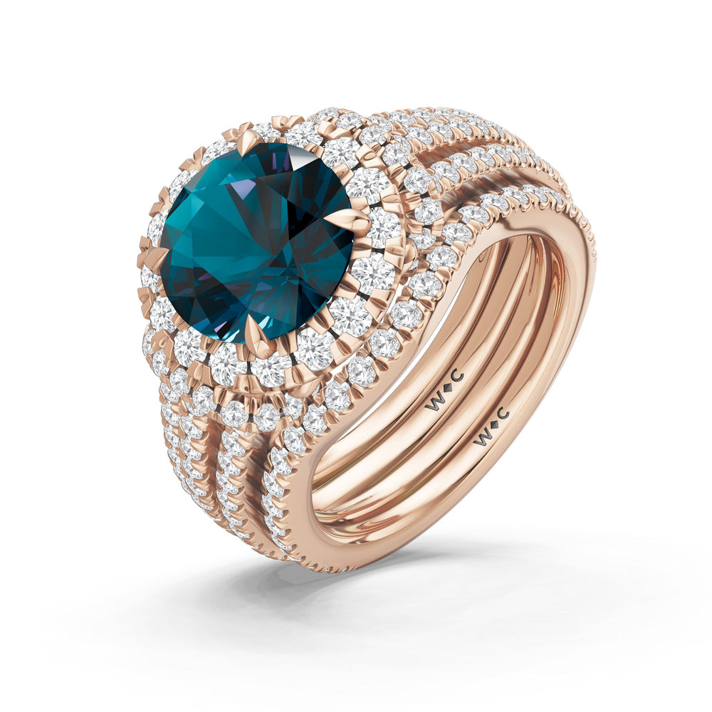 The Azurine Diamond Wedding Band with Created London Blue Topaz Cut Diamond in 14KT Rose Gold view 3
