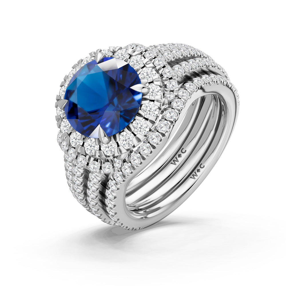 The Azurine Diamond Wedding Band with Created Blue Sapphire Cut Diamond in 14KT Platinum view 3
