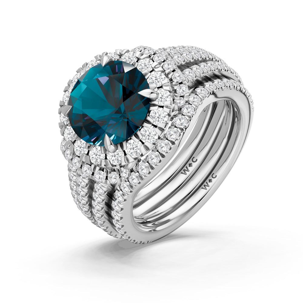 The Azurine Diamond Wedding Band with Created London Blue Topaz Cut Diamond in 14KT Platinum view 3
