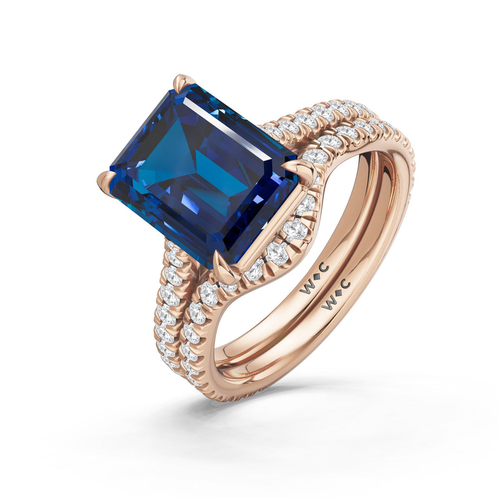The Rosavira Diamond Wedding Band with Created Blue Sapphire Cut Diamond in 14KT Rose Gold view 3
