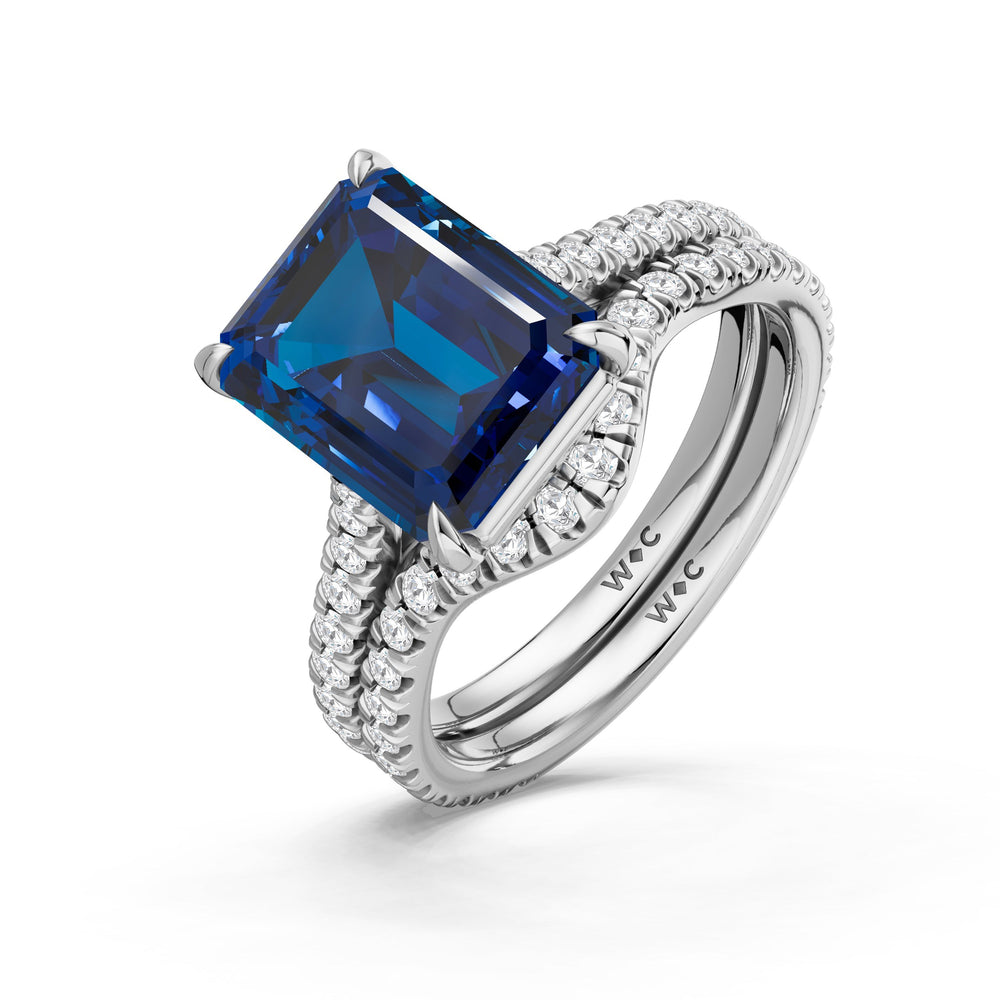 The Rosavira Diamond Wedding Band with Created Blue Sapphire Cut Diamond in 14KT Platinum view 3
