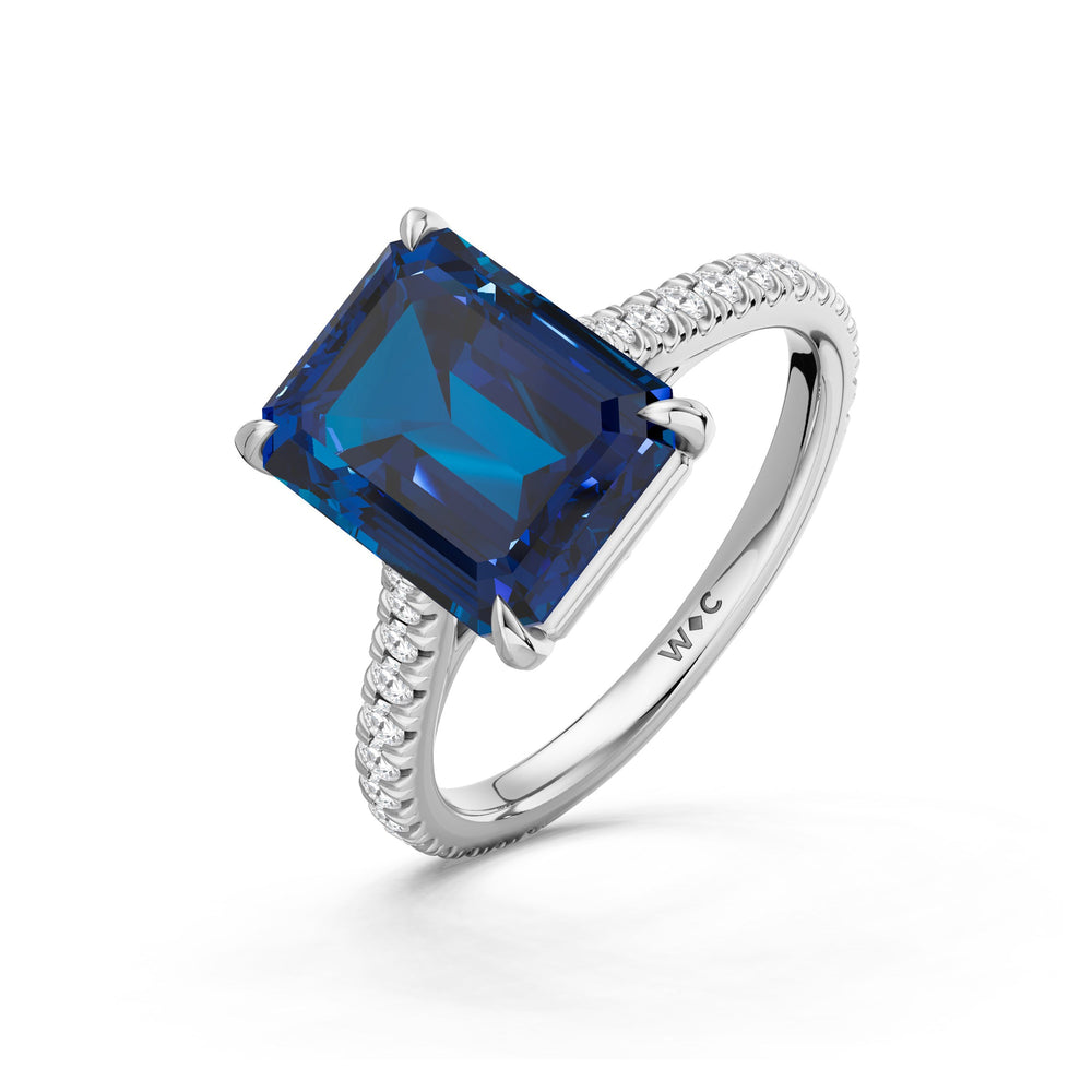 The Rosavira Ring with Created Blue Sapphire Cut Diamond in 14KT Platinum view 3
