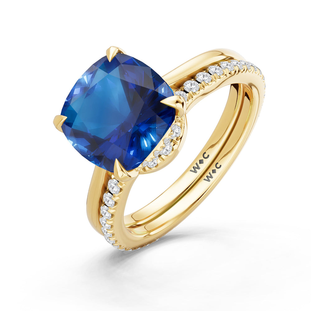 The Verdelle Diamond Wedding Band with Created Blue Sapphire Cut Diamond in 14KT Yellow Gold view 3
