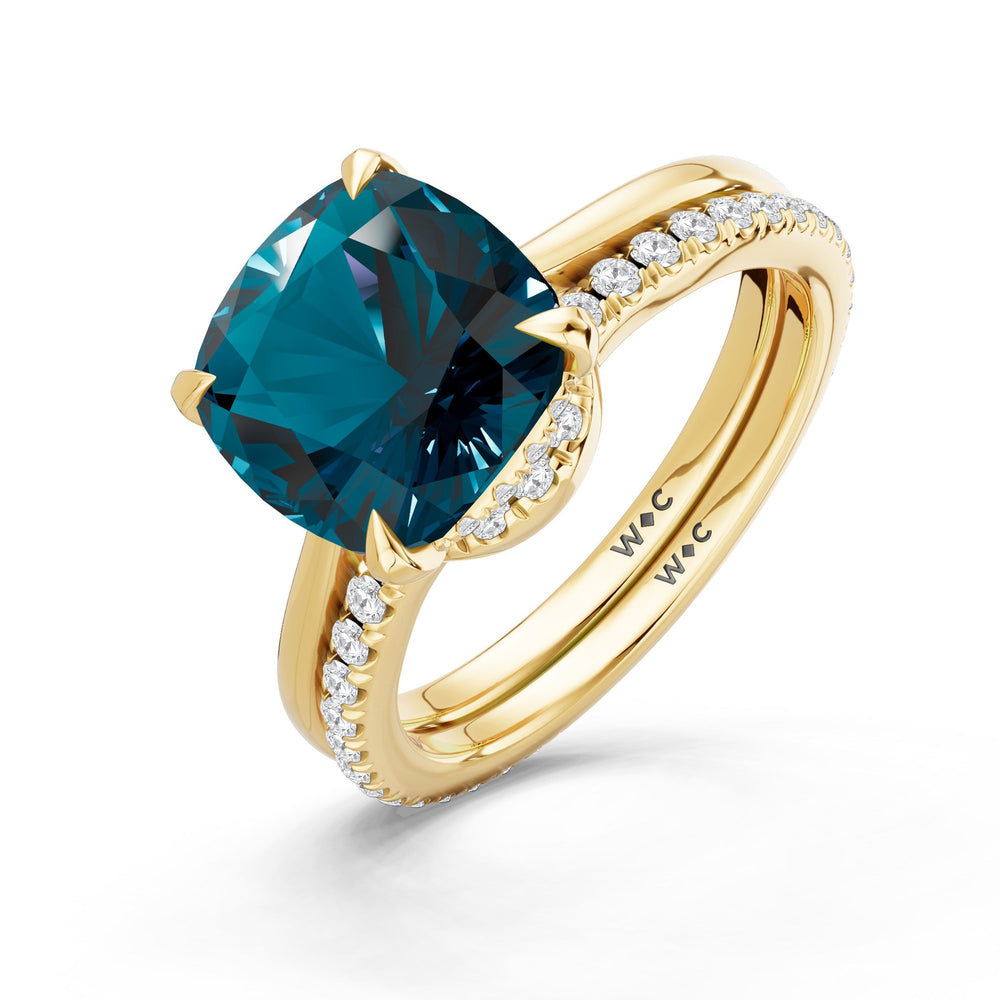 The Verdelle Diamond Wedding Band with Created London Blue Topaz Cut Diamond in 14KT Yellow Gold view 3
