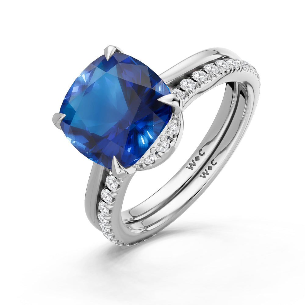The Verdelle Diamond Wedding Band with Created Blue Sapphire Cut Diamond in 14KT Platinum view 3
