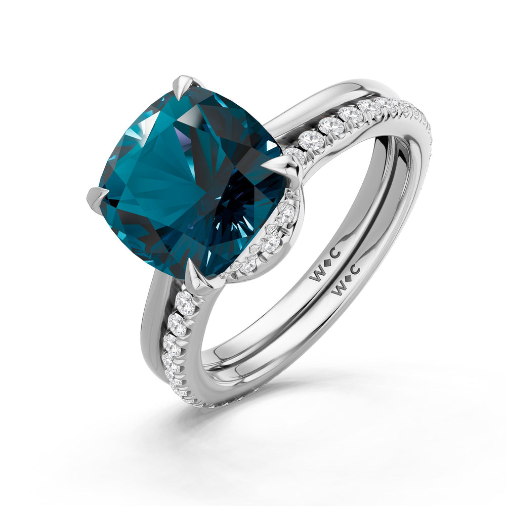 The Verdelle Diamond Wedding Band with Created London Blue Topaz Cut Diamond in 14KT Platinum view 3
