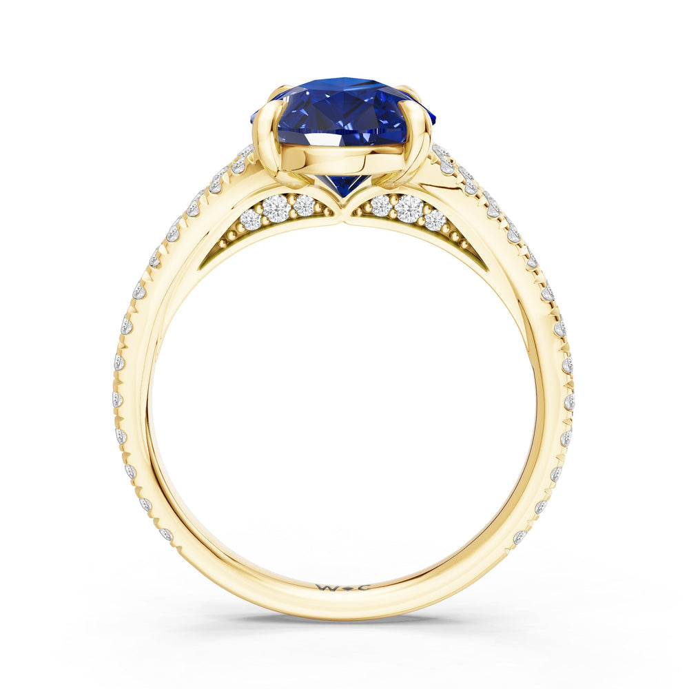 The Celestia Ring with Created Blue Sapphire Cut Diamond in 14KT Yellow Gold view 2
