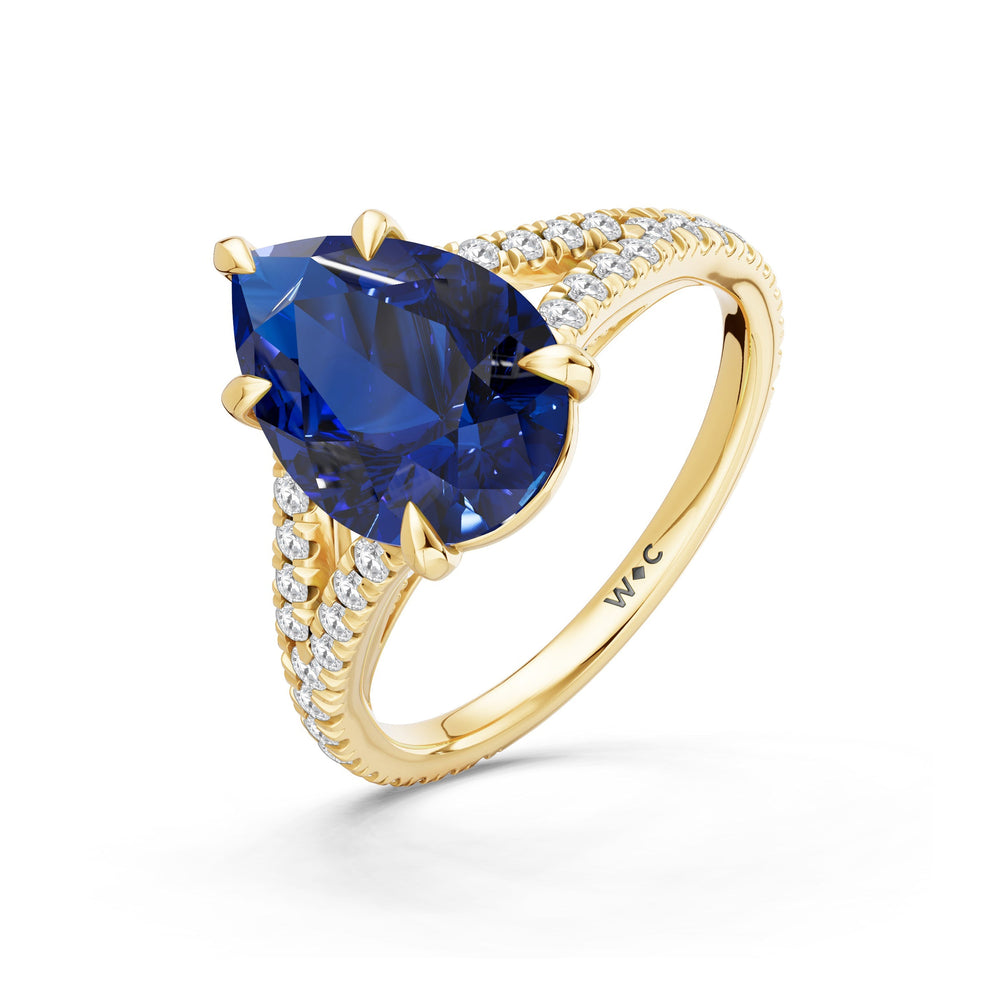 The Celestia Ring with Created Blue Sapphire Cut Diamond in 14KT Yellow Gold view 3

