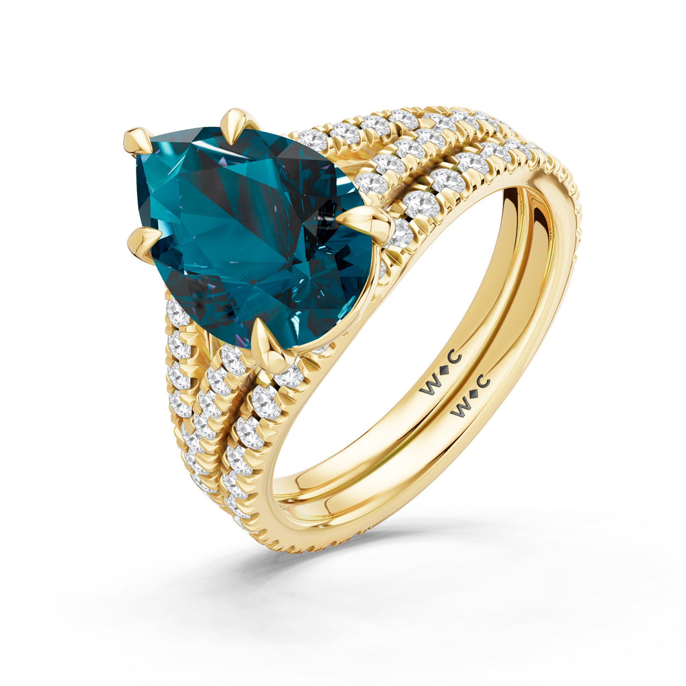 The Celestia Diamond Wedding Band with Created London Blue Topaz Cut Diamond in 14KT Yellow Gold view 3
