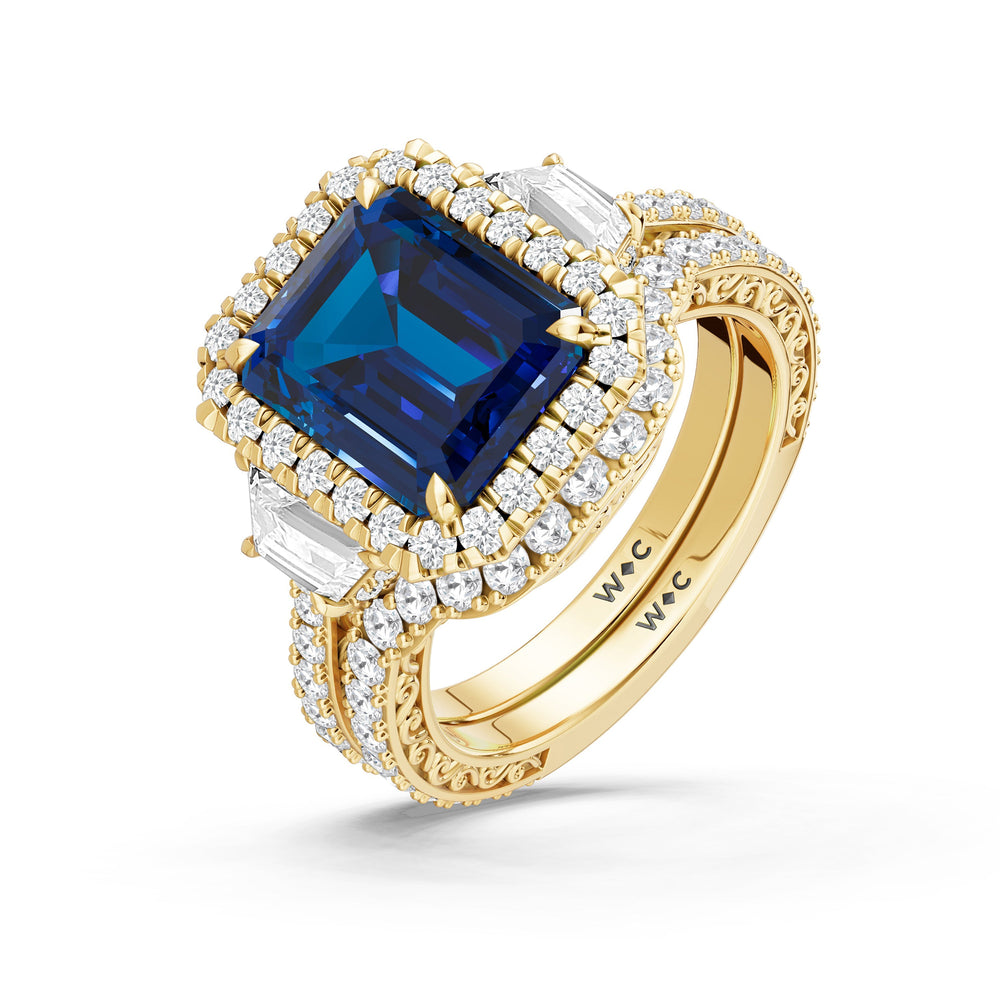 The Nocturne Diamond Wedding Band with Created Blue Sapphire Cut Diamond in 14KT Yellow Gold view 3
