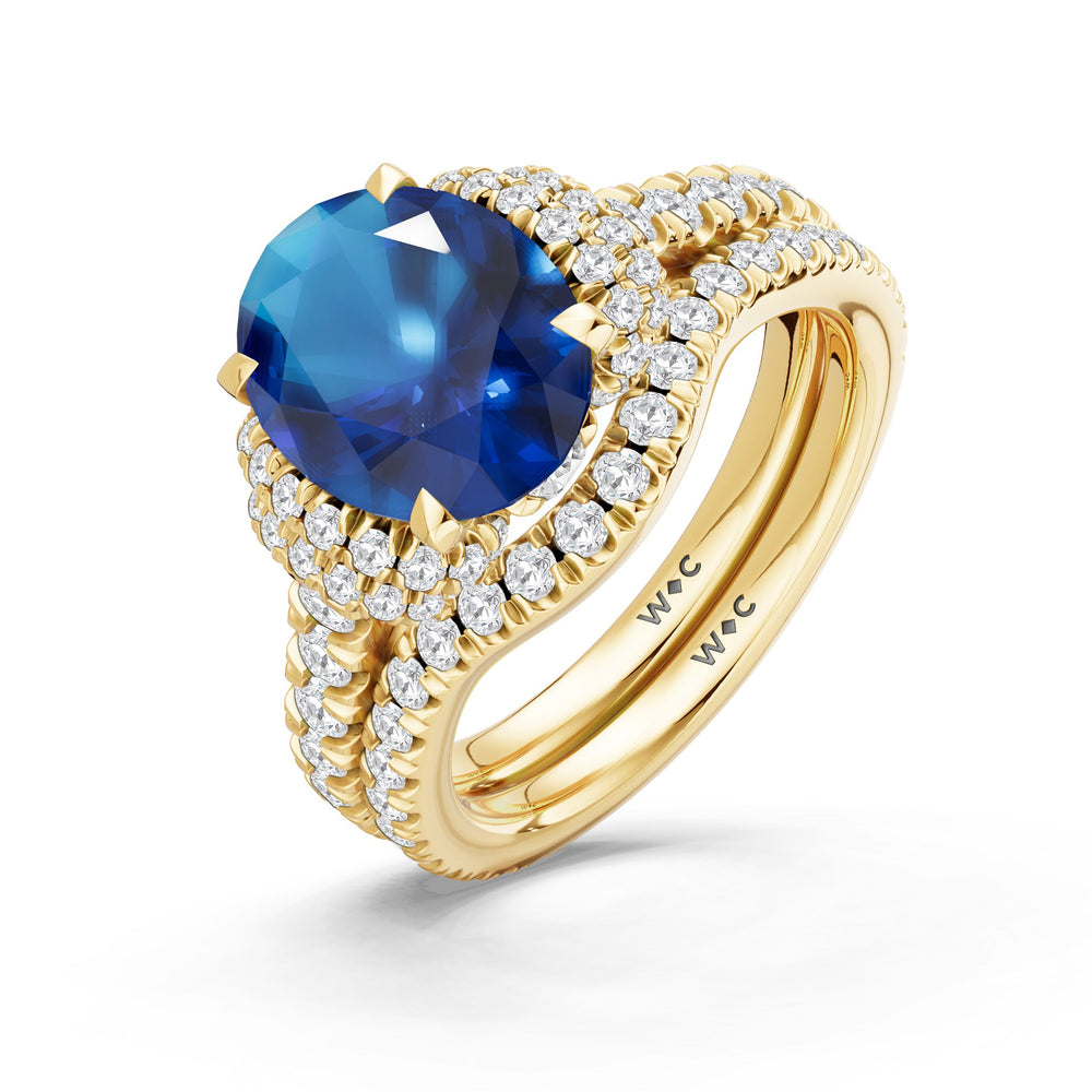 The Aurielle Diamond Wedding Band with Created Blue Sapphire Cut Diamond in 14KT Yellow Gold view 3
