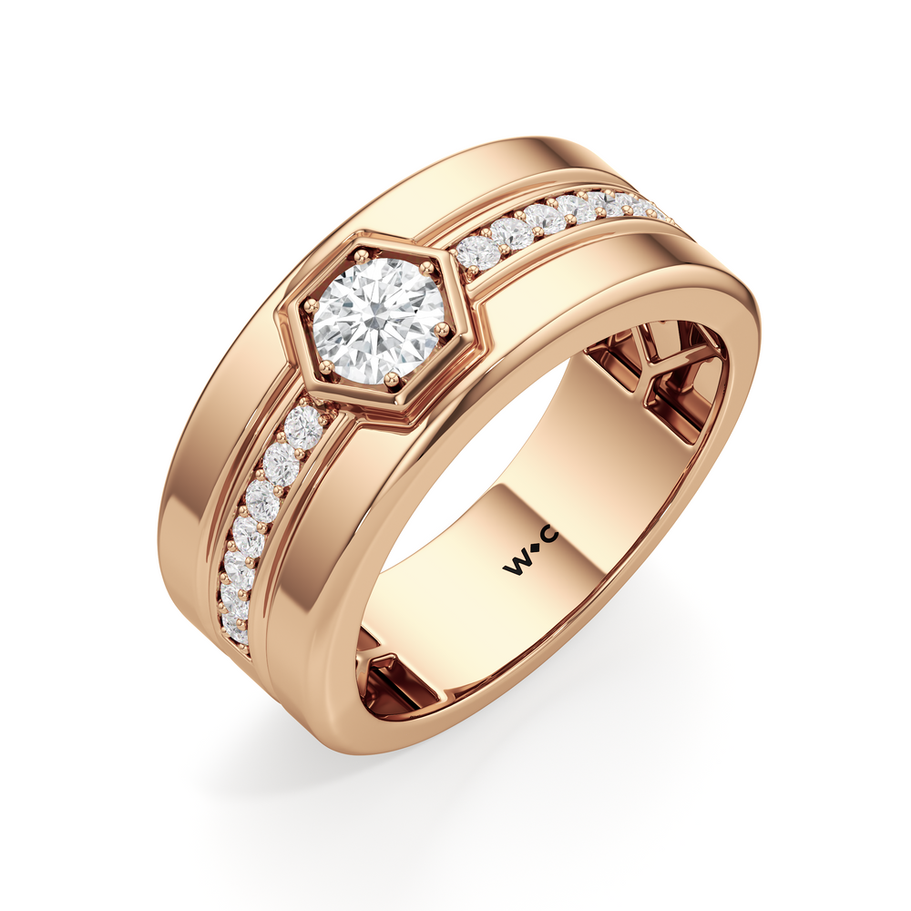 Hexagon Diamond Ridge Men's Ring with 18KT Rose Gold / Lab / 3/4 Cut Diamond in 14KT Rose Gold / Lab / 3/4 view 3
