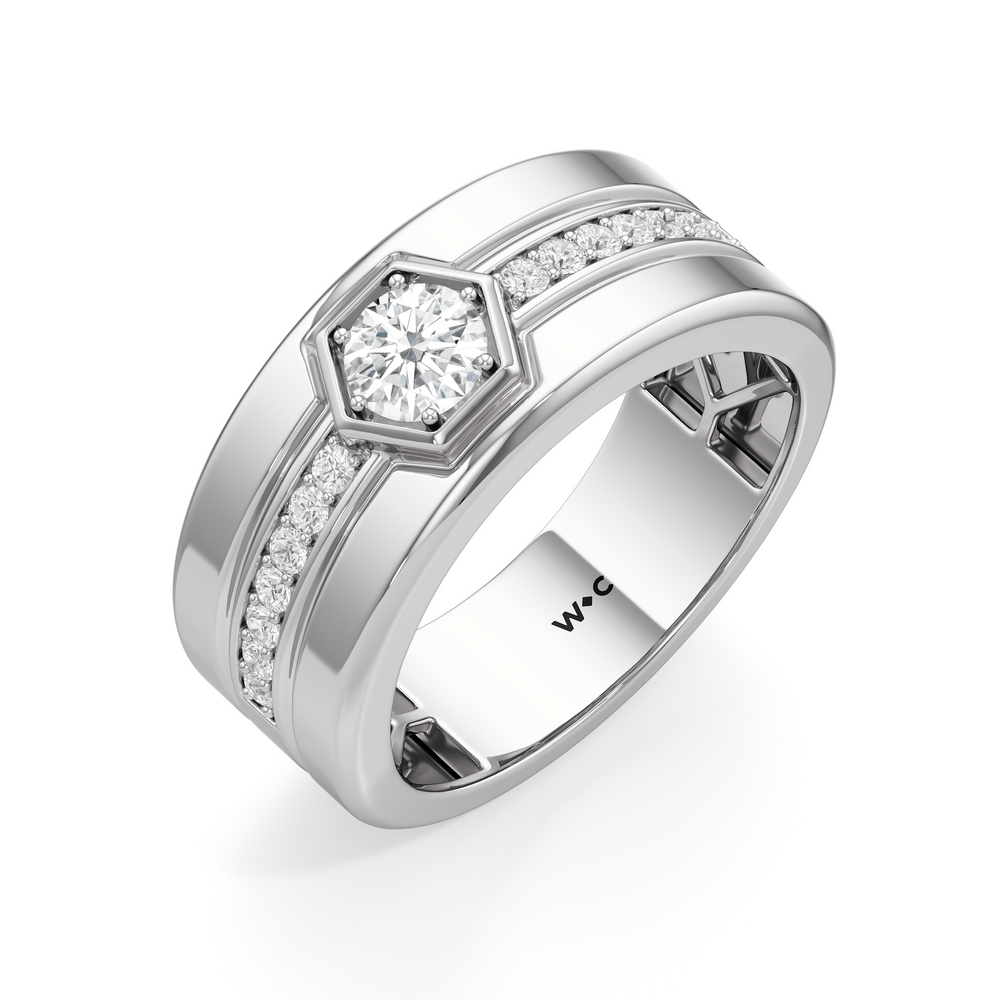 Hexagon Diamond Ridge Men's Ring with Platinum / Lab / 3/4 Cut Diamond in 14KT Platinum / Lab / 3/4 view 3
