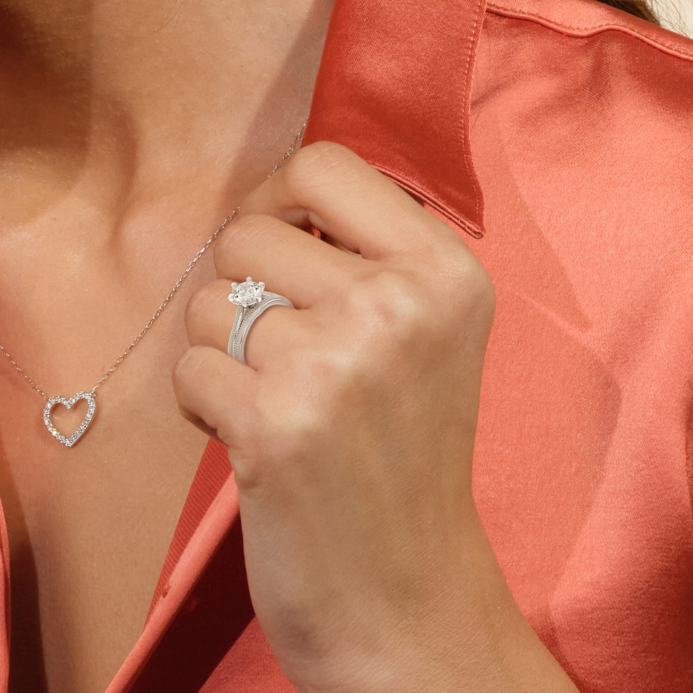 Model Wearing Milgrain Centerline Six Prong Solitaire Wedding Band view