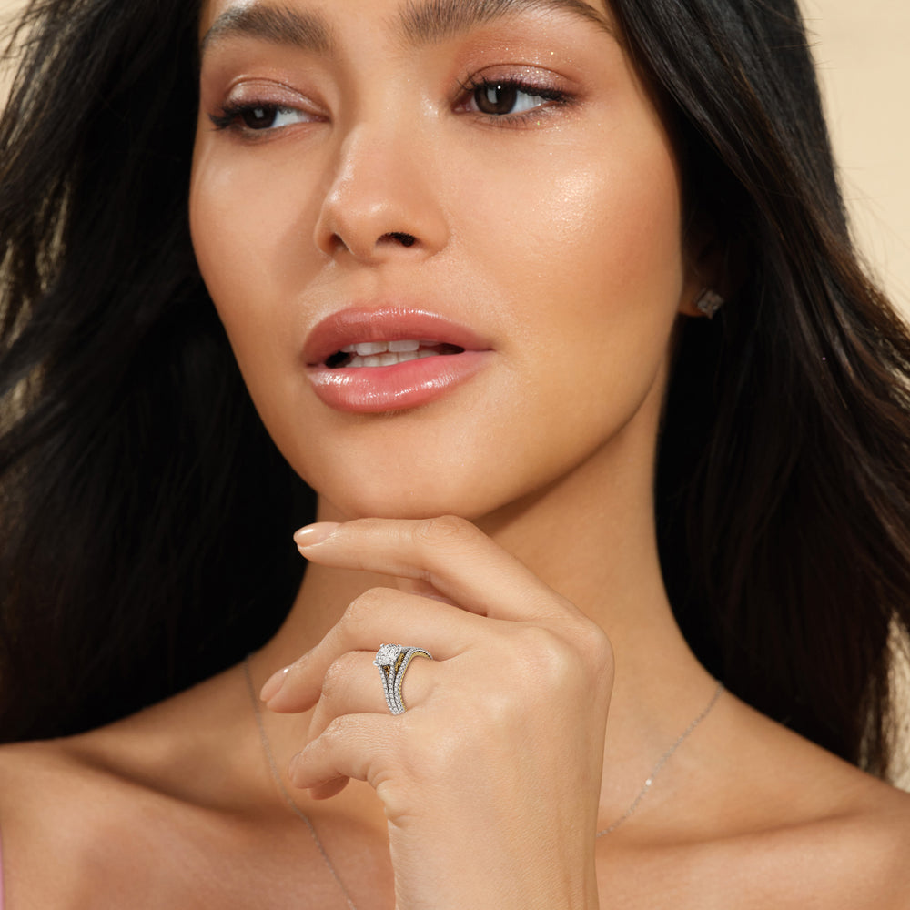 Model Wearing Split Shank Rope Hidden Accent Diamond Wedding Band view