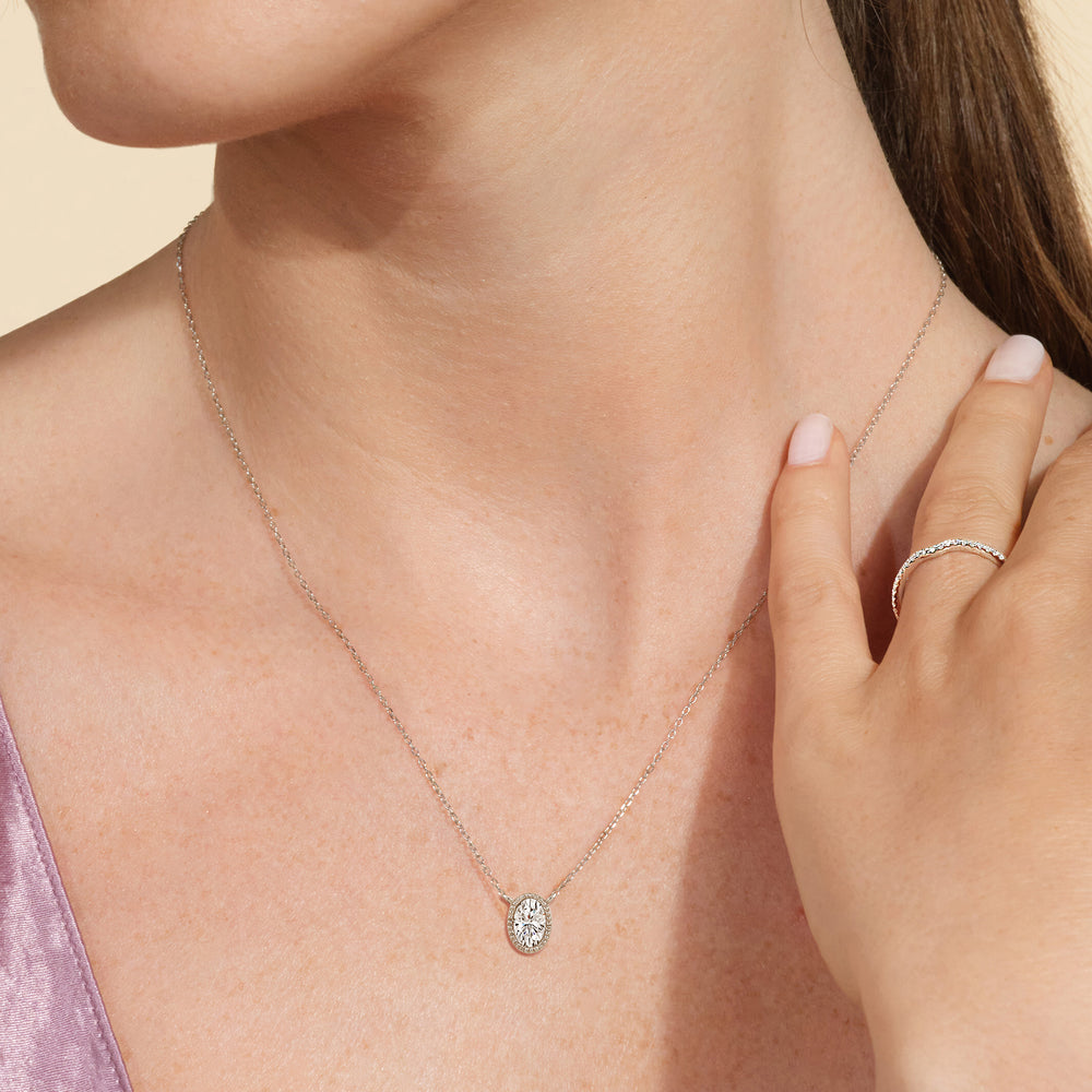 Milgrain Bezel Set Oval Lab Created Diamond Solitaire Necklace with 14KT White Gold / Lab / 1 Cut Diamond in 14KT White Gold / Lab / 1 view 2
