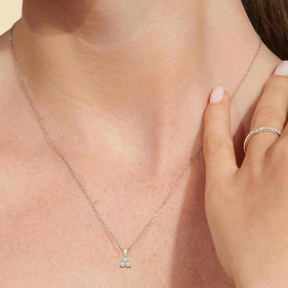 Model Wearing Lab Diamond Three Stone Cluster Pendant view