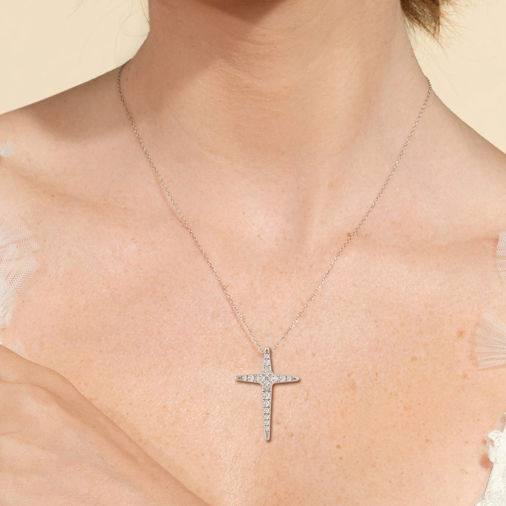 Model Wearing Pointed Lab Created Diamond Cross Pendant view