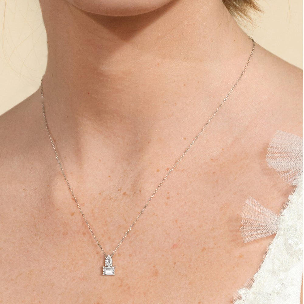Model Wearing Toi et Moi Pear Emerald Linear Necklace view