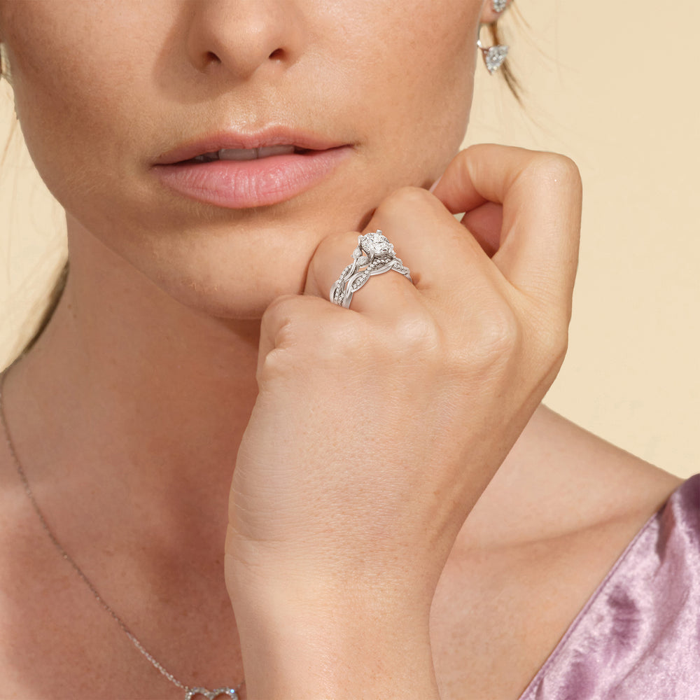 Model Wearing Twisted Vine Accent Solitaire Diamond Wedding Band view