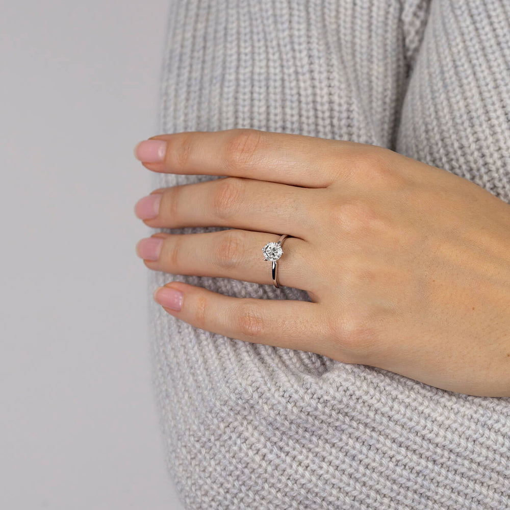 Model Wearing Fine Classic Six Prong Solitaire Diamond Engagement Ring view