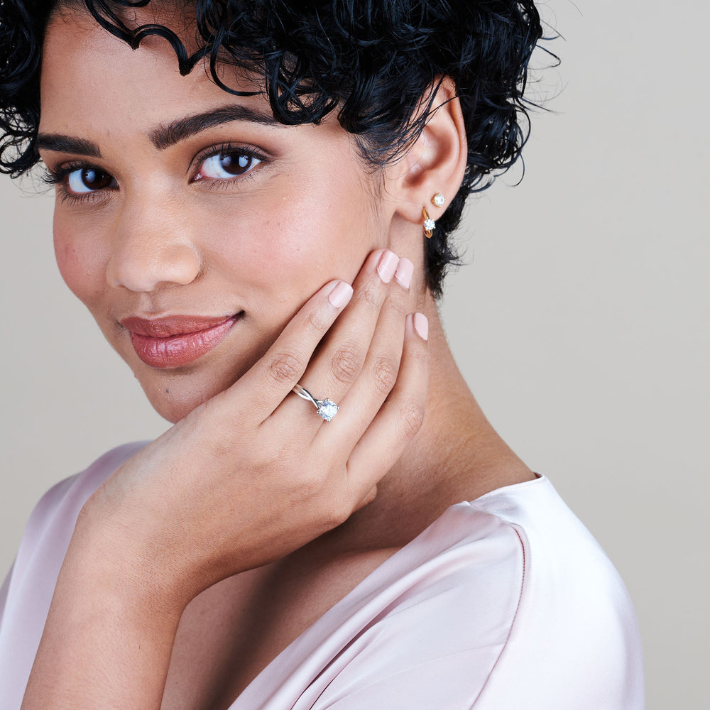 Model Wearing 2.08ct Round Fine Cathedral Twist Diamond Lab Diamond Engagement Ring view