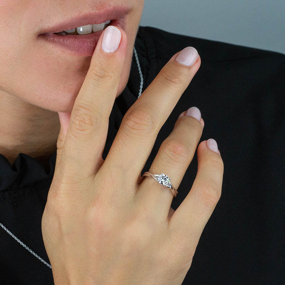 Model Wearing 2.08ct Round Fine Cathedral Twist Diamond Lab Diamond Engagement Ring view