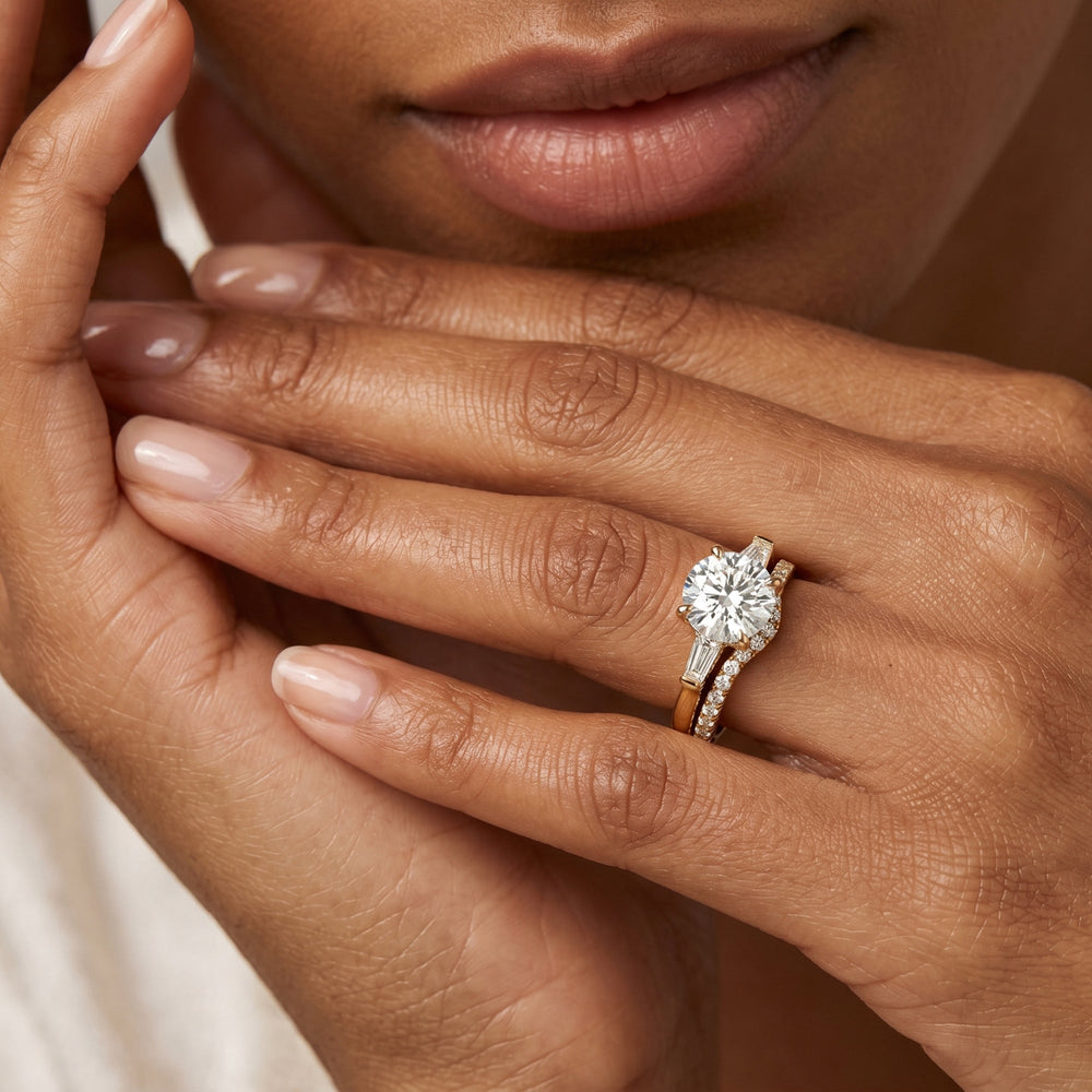 Elegance Baguette Three Stone Diamond Wedding Band with 18KT Yellow Gold Cut Diamond in 14KT Yellow Gold view 3
