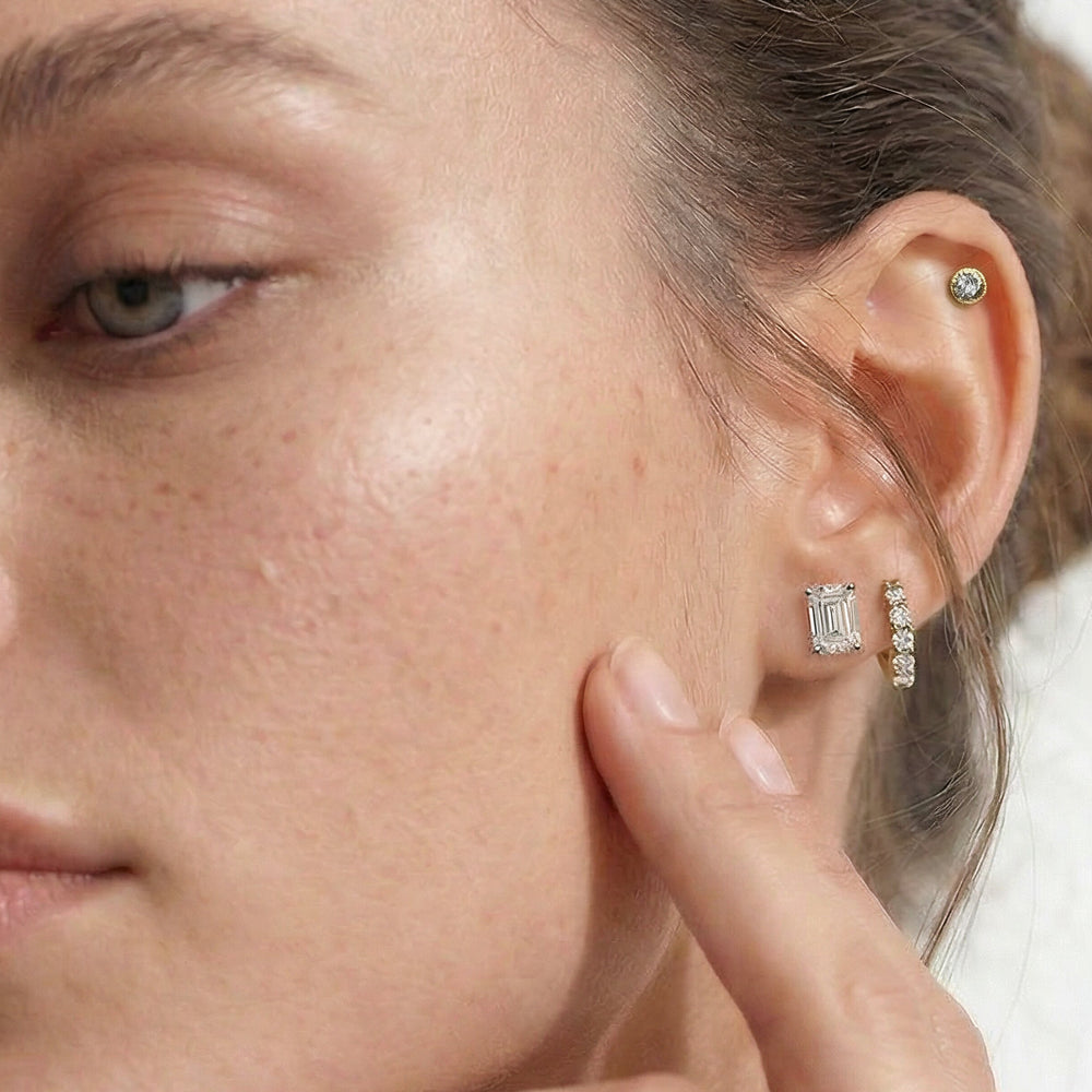 Classic Emerald Stud Earrings (F/G VS+) with 14KT Yellow Gold / Lab / 1 1/2 Cut Diamond in 14KT Yellow Gold / Lab / 1 1/2 view 5

