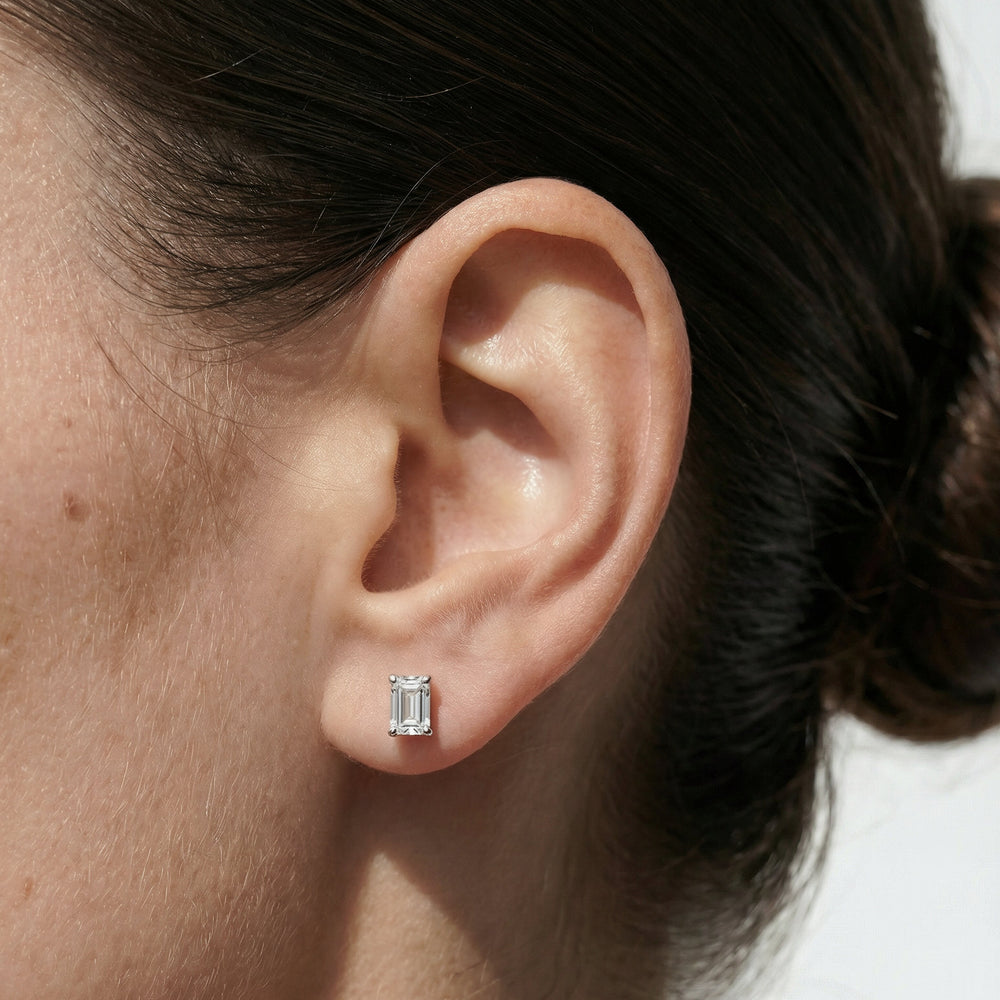 Classic Emerald Stud Earrings (F/G VS+) with 14KT Yellow Gold / Lab / 1 Cut Diamond in 14KT Yellow Gold / Lab / 1 view 2
