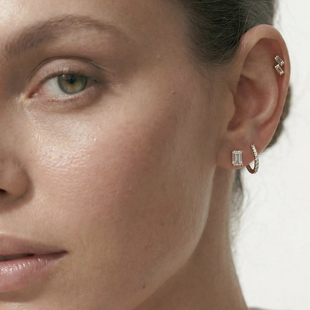 Classic Emerald Stud Earrings (F/G VS+) with 14KT Yellow Gold / Lab / 1 Cut Diamond in 14KT Yellow Gold / Lab / 1 view 3
