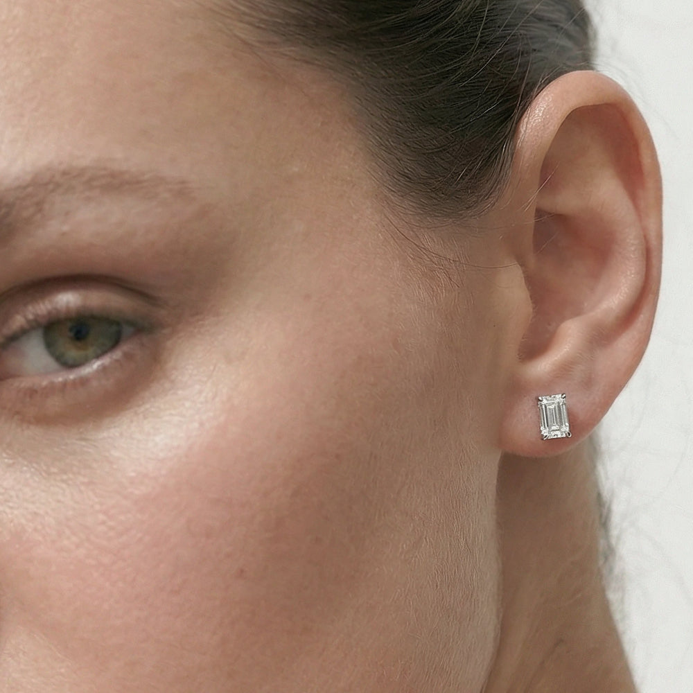 Classic Emerald Stud Earrings (F/G VS+) with 14KT White Gold / Lab / 2 Cut Diamond in 14KT White Gold / Lab / 2 view 2
