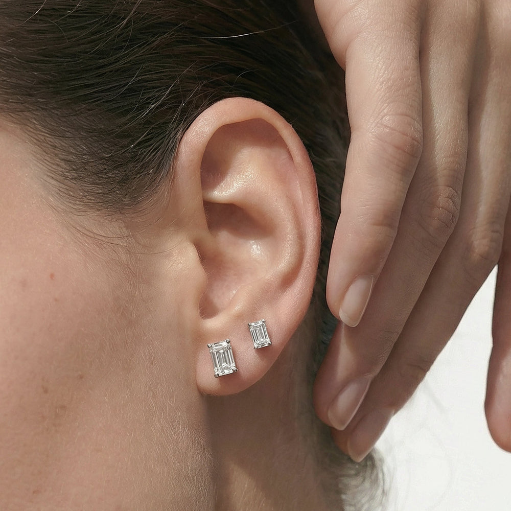 Classic Emerald Stud Earrings (F/G VS+) with 14KT Yellow Gold / Lab / 2 Cut Diamond in 14KT Yellow Gold / Lab / 2 view 3
