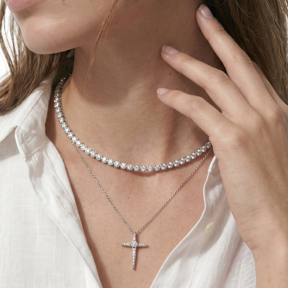 Classic Round Bezel Diamond Tennis Necklace with 6 Cut Diamond in 14KT Rose Gold view 3
