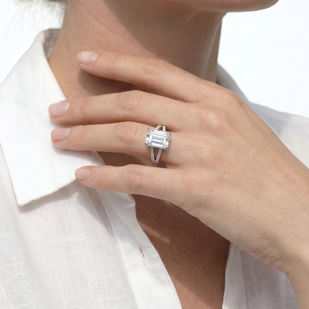 Elegance Split Shank Pave Engagement Ring with Emerald Cut Diamond in 14KT Platinum view 2
